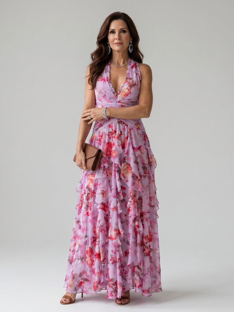 Nori | Ruched Halter Floral Maxi Dress